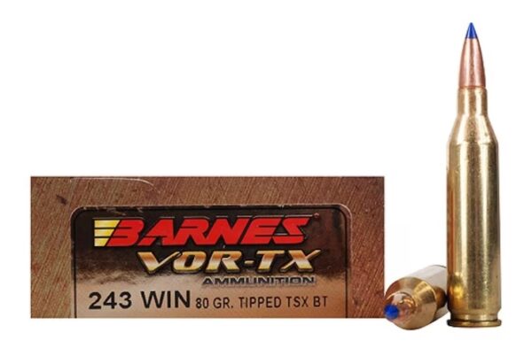 Barnes VOR-TX Ammunition 243 Winchester 80 Grain TTSX Polymer Tipped Spitzer Boat Tail Lead-Free 320 Rounds
