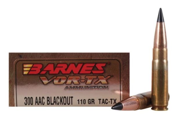 Barnes VOR-TX Ammunition 300 AAC Blackout 110 Grain TAC-TX Polymer Tipped Spitzer Flat Base Lead-Free 320 Rounds