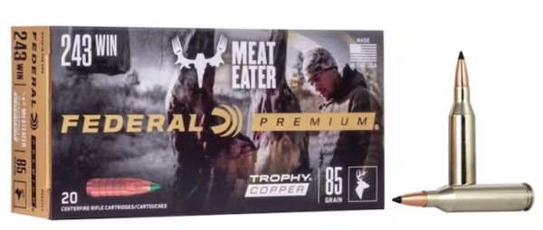 Federal Premium Meat Eater Ammunition 243 Winchester 85 Grain Trophy Copper Tipped Boat Tail Lead-Free 320 Rounds